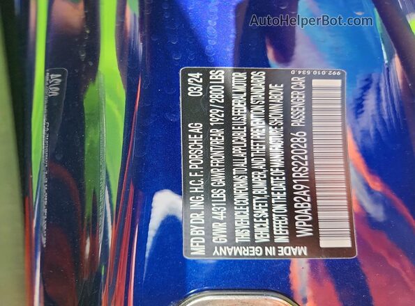 WP0AB2A91RS220286 2024 PORSCHE 911 Blue VIN კოდის სტიკერის ხედი