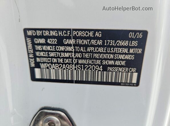 WP0AB2A98HS122094 2017 PORSCHE 911 Белый Вид наклейки с VIN-кодом