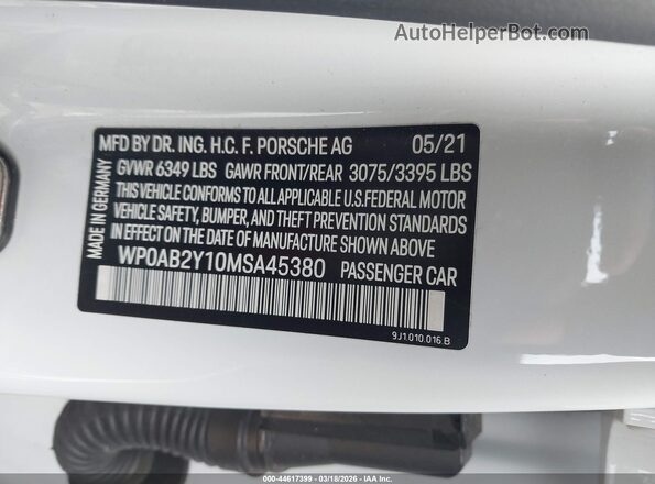 WP0AB2Y10MSA45380 2021 PORSCHE TAYCAN White Vista del compartimento del motor