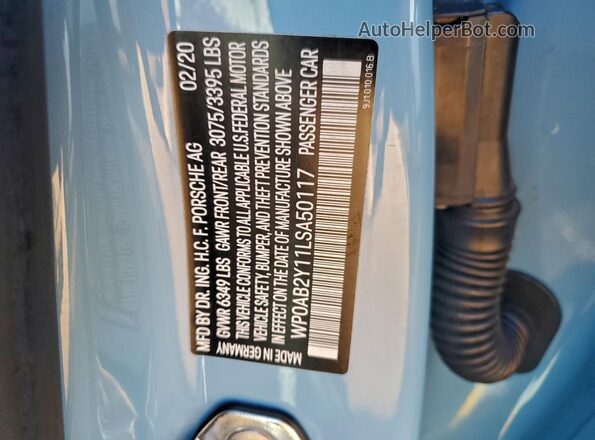 WP0AB2Y11LSA50117 2020 PORSCHE TAYCAN Blue VIN კოდის სტიკერის ხედი