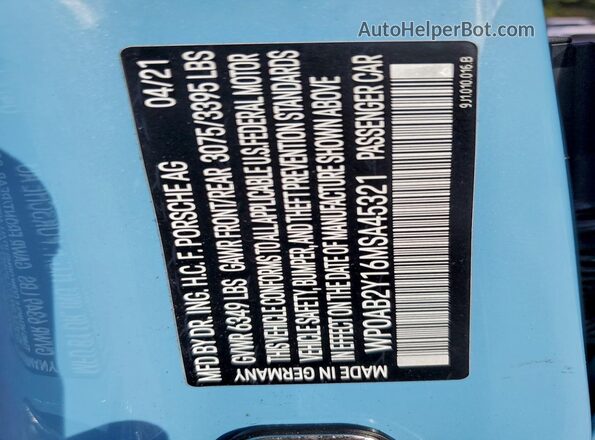 WP0AB2Y16MSA45321 2021 PORSCHE TAYCAN Blue VIN կոդի պիտակի տեսք