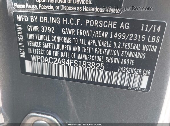 WP0AC2A94FS183825 2015 PORSCHE 911 Gray Вид підкапотного простору
