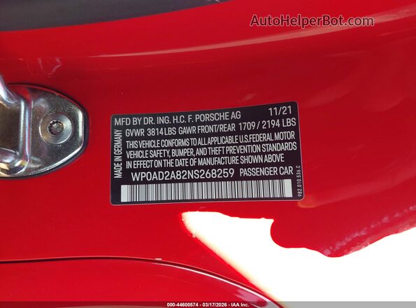 WP0AD2A82NS268259 2022 PORSCHE CAYMAN Красный Вид подкапотного пространства