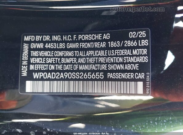 WP0AD2A90SS265655 2025 PORSCHE 911 Черный 