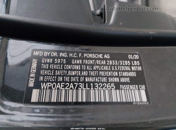 WP0AE2A73LL132265 2020 PORSCHE PANAMERA Blue Vista del compartimento del motor