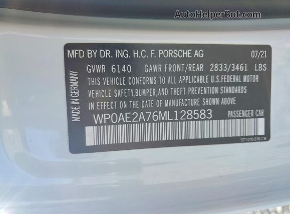 WP0AE2A76ML128583 2021 PORSCHE PANAMERA White VIN կոդի պիտակի տեսք