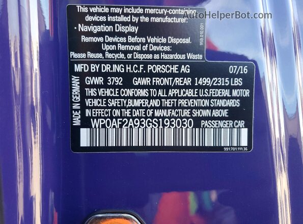 WP0AF2A93GS193030 2016 PORSCHE 911 Purple Engine compartment view