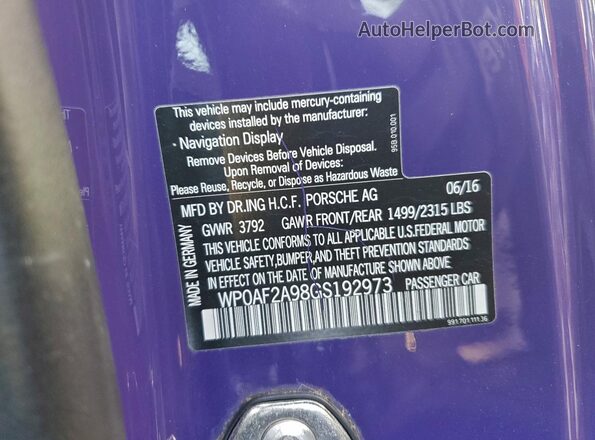 WP0AF2A98GS192973 2016 PORSCHE 911 Purple Widok komory silnika