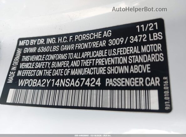 WP0BA2Y14NSA67424 2022 PORSCHE TAYCAN White Вид підкапотного простору