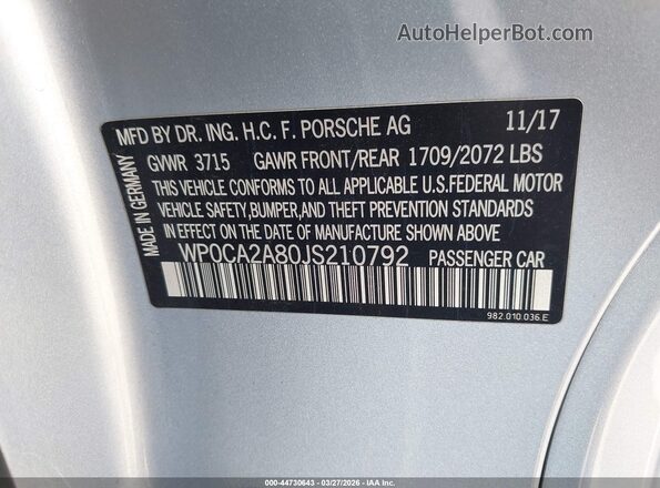 WP0CA2A80JS210792 2018 PORSCHE BOXSTER Серебряный Вид подкапотного пространства