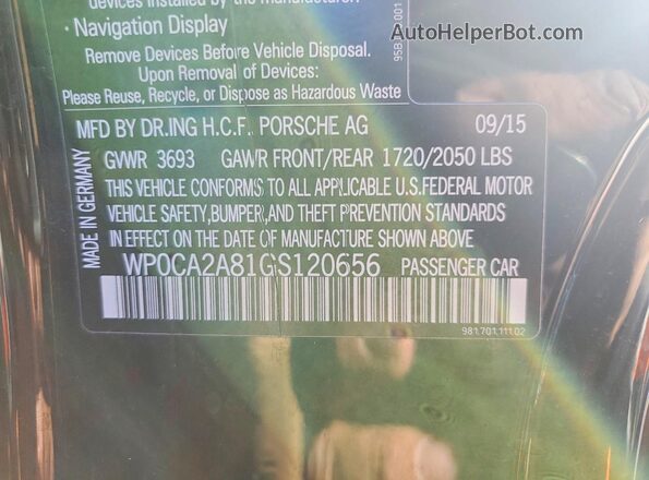 WP0CA2A81GS120656 2016 PORSCHE BOXSTER Black Շարժիչի բաժամունքի տեսք