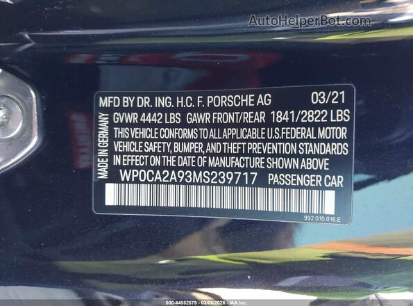 WP0CA2A93MS239717 2021 PORSCHE 911 Черный Вид подкапотного пространства