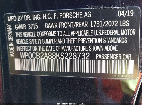 WP0CB2A88KS228732 2019 PORSCHE BOXSTER Черный Вид подкапотного пространства