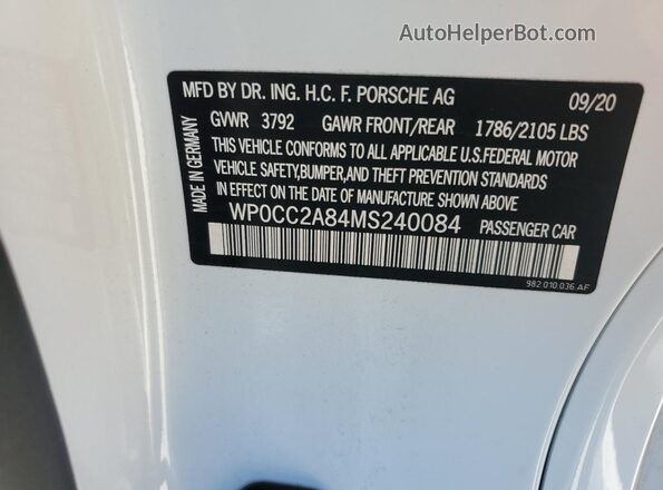 WP0CC2A84MS240084 2021 PORSCHE BOXSTER White Vista de la etiqueta del VIN