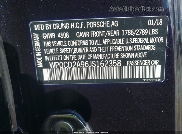 WP0CD2A96JS162358 2018 PORSCHE 911 Black Շարժիչի բաժամունքի տեսք