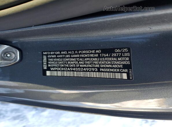WP0CH2A94SS249293 2025 PORSCHE 911 Gray VIN sticker view