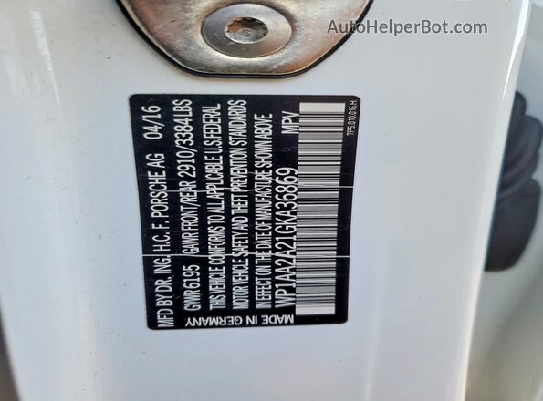 WP1AA2A21GKA36869 2016 PORSCHE CAYENNE White Widok naklejki z numerem VIN