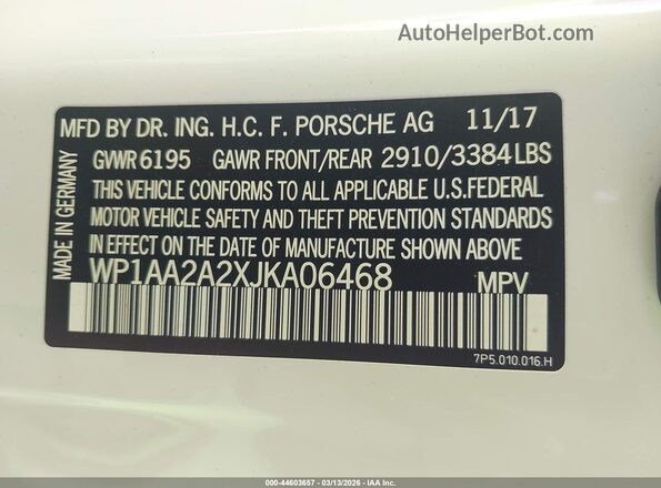WP1AA2A2XJKA06468 2018 PORSCHE CAYENNE White 