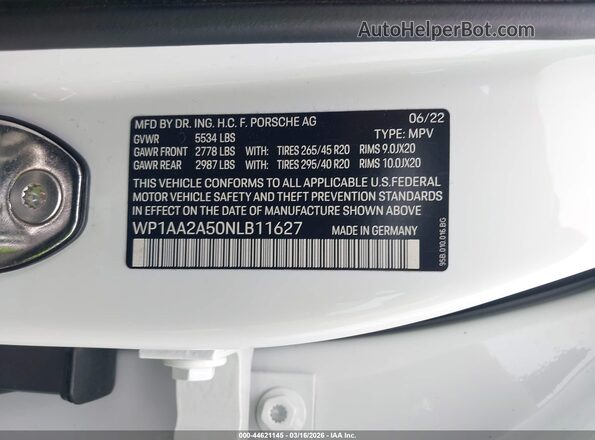 WP1AA2A50NLB11627 2022 PORSCHE MACAN White 