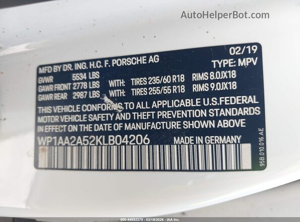 WP1AA2A52KLB04206 2019 PORSCHE MACAN White 