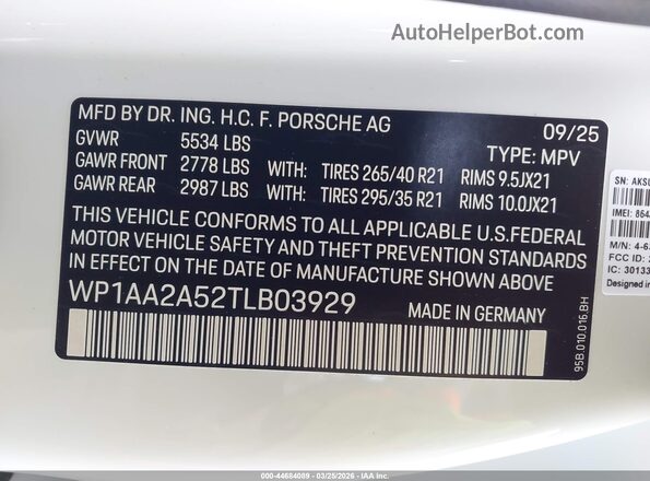 WP1AA2A52TLB03929 2026 PORSCHE MACAN White Вид підкапотного простору
