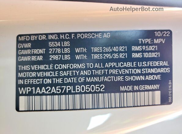 WP1AA2A57PLB05052 2023 PORSCHE MACAN White Widok naklejki z numerem VIN