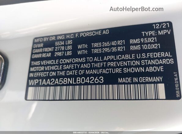 WP1AA2A58NLB04263 2022 PORSCHE MACAN White 