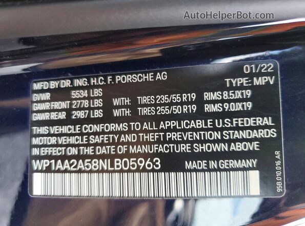 WP1AA2A58NLB05963 2022 PORSCHE MACAN Blue VIN კოდის სტიკერის ხედი