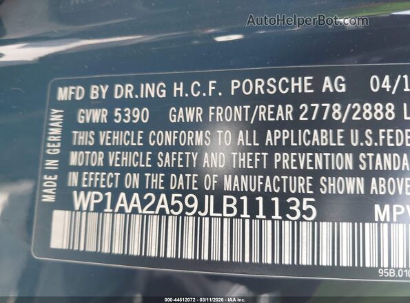 WP1AA2A59JLB11135 2018 PORSCHE MACAN Black Շարժիչի բաժամունքի տեսք