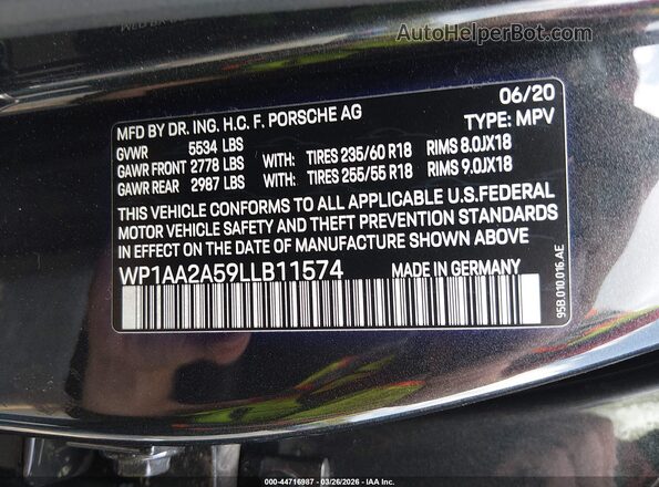 WP1AA2A59LLB11574 2020 PORSCHE MACAN Серый Вид подкапотного пространства