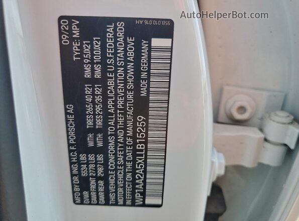 WP1AA2A5XLLB15259 2020 PORSCHE MACAN White VIN կոդի պիտակի տեսք