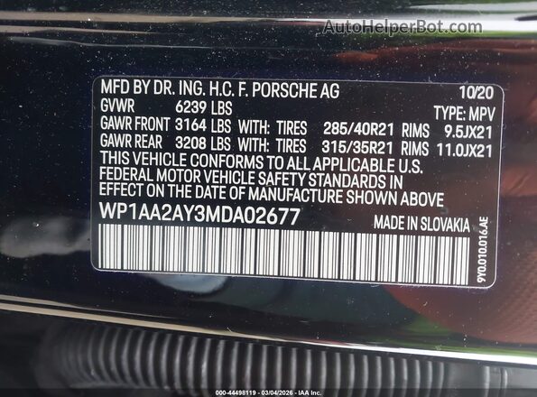WP1AA2AY3MDA02677 2021 PORSCHE CAYENNE Black Engine compartment view