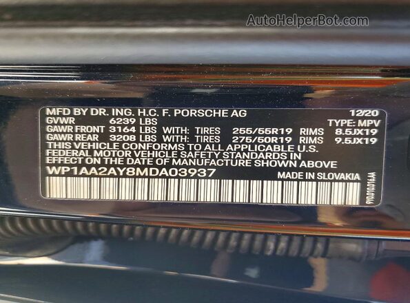 WP1AA2AY8MDA03937 2021 PORSCHE CAYENNE Blue სალონის 360-გრადუსიანი ხედი