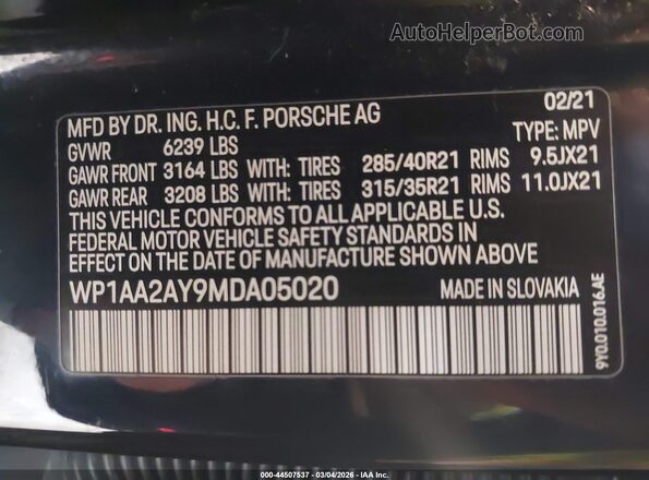 WP1AA2AY9MDA05020 2021 PORSCHE CAYENNE Blue Vista del compartimento del motor