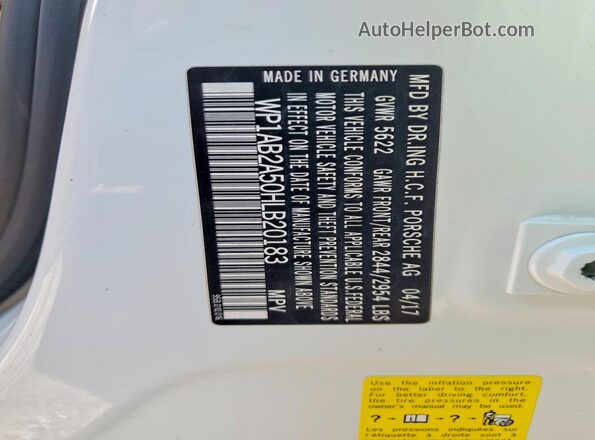 WP1AB2A50HLB20183 2017 PORSCHE MACAN White Вид наклейки з VIN-кодом