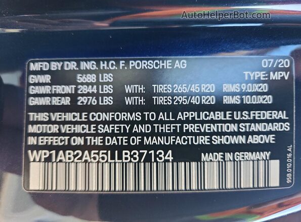WP1AB2A55LLB37134 2020 PORSCHE MACAN Синий Вид наклейки с VIN-кодом