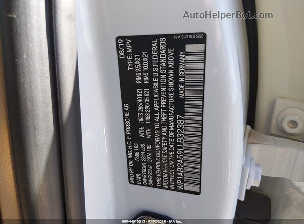 WP1AB2A59LLB32387 2020 PORSCHE MACAN White ძრავის განყოფილების ხედი
