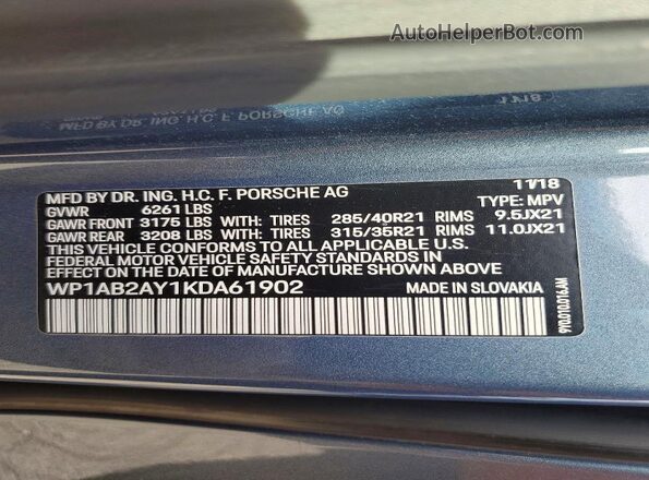 WP1AB2AY1KDA61902 2019 PORSCHE CAYENNE Teal 