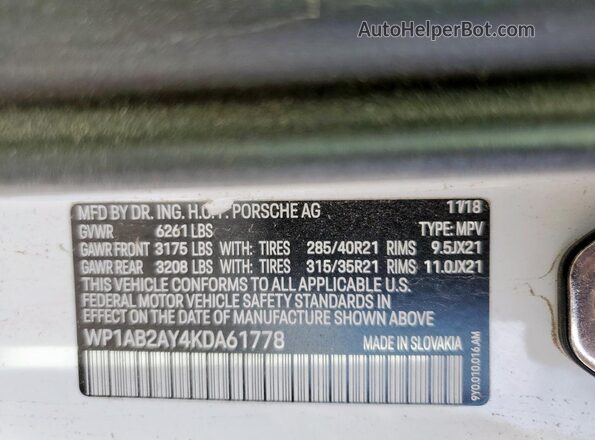 WP1AB2AY4KDA61778 2019 PORSCHE CAYENNE Белый 