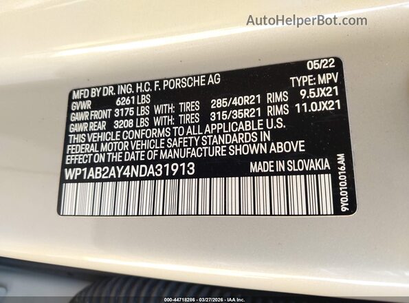 WP1AB2AY4NDA31913 2022 PORSCHE CAYENNE Beige 