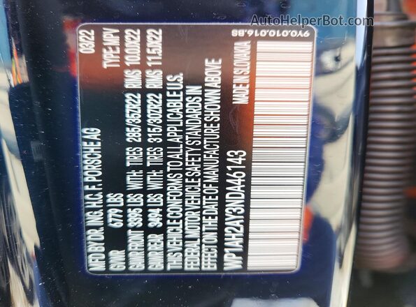 WP1AH2AY3NDA46143 2022 PORSCHE CAYENNE Blue Vista interior de 360 grados