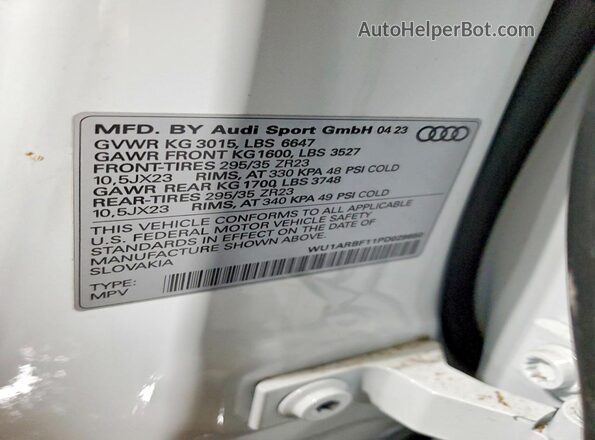 WU1ARBF11PD029650 2023 AUDI RS White VIN կոդի պիտակի տեսք