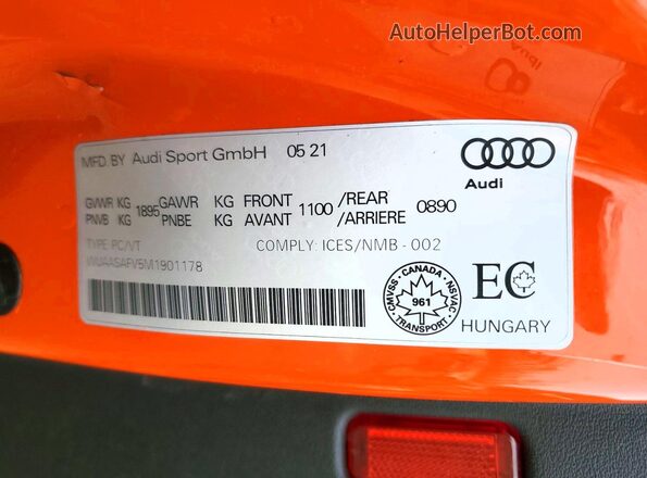 WUAASAFV5M1901178 2021 AUDI TT Orange Widok naklejki z numerem VIN