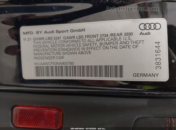 WUAAWCF53NA900760 2022 AUDI RS5 Black Շարժիչի բաժամունքի տեսք