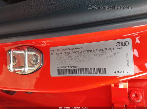WUABWGFF1J1904501 2018 AUDI RS3 Orange Vista del compartimento del motor