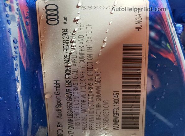 WUABWGFF3J1900451 2018 AUDI RS3 Blue VIN კოდის სტიკერის ხედი