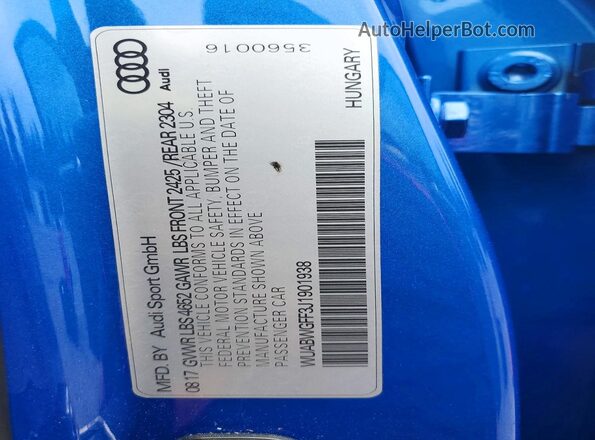 WUABWGFF3J1901938 2018 AUDI RS3 Blue VIN კოდის სტიკერის ხედი