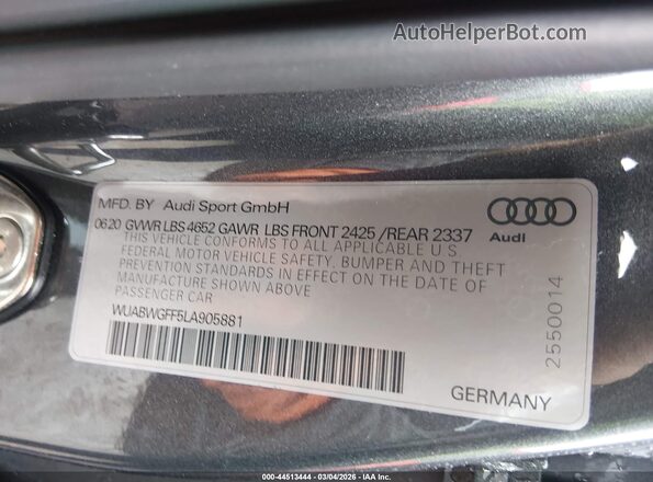 WUABWGFF5LA905881 2020 AUDI RS3 Gray Widok komory silnika