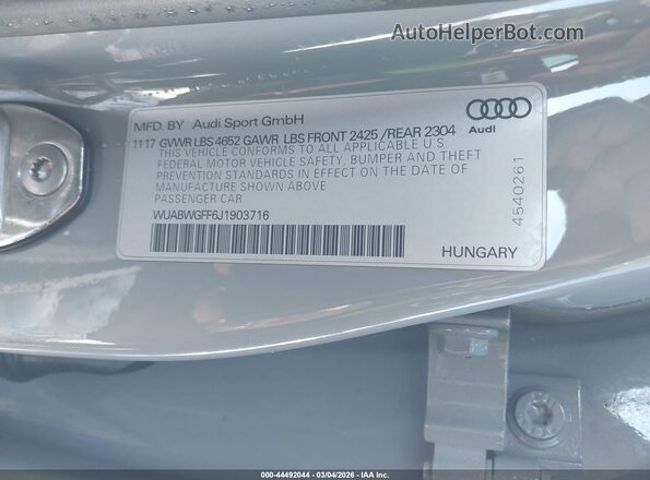 WUABWGFF6J1903716 2018 AUDI RS3 Gray Engine compartment view
