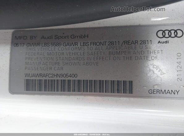 WUAWRAFC2HN905400 2017 AUDI RS7 White Вид підкапотного простору